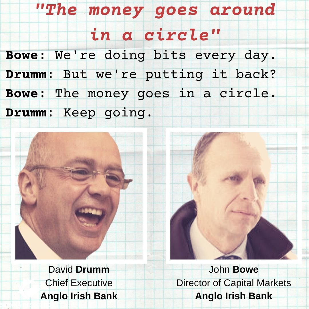 David Drumm, Chief Executive, John Bowe, Director of Capital Markets, both of Anglo Irish Bank. Bowe: We're doing bits every day. Drumm: But we're putting it back? Bowe: The money goes in a circle. Drumm: Keep going.