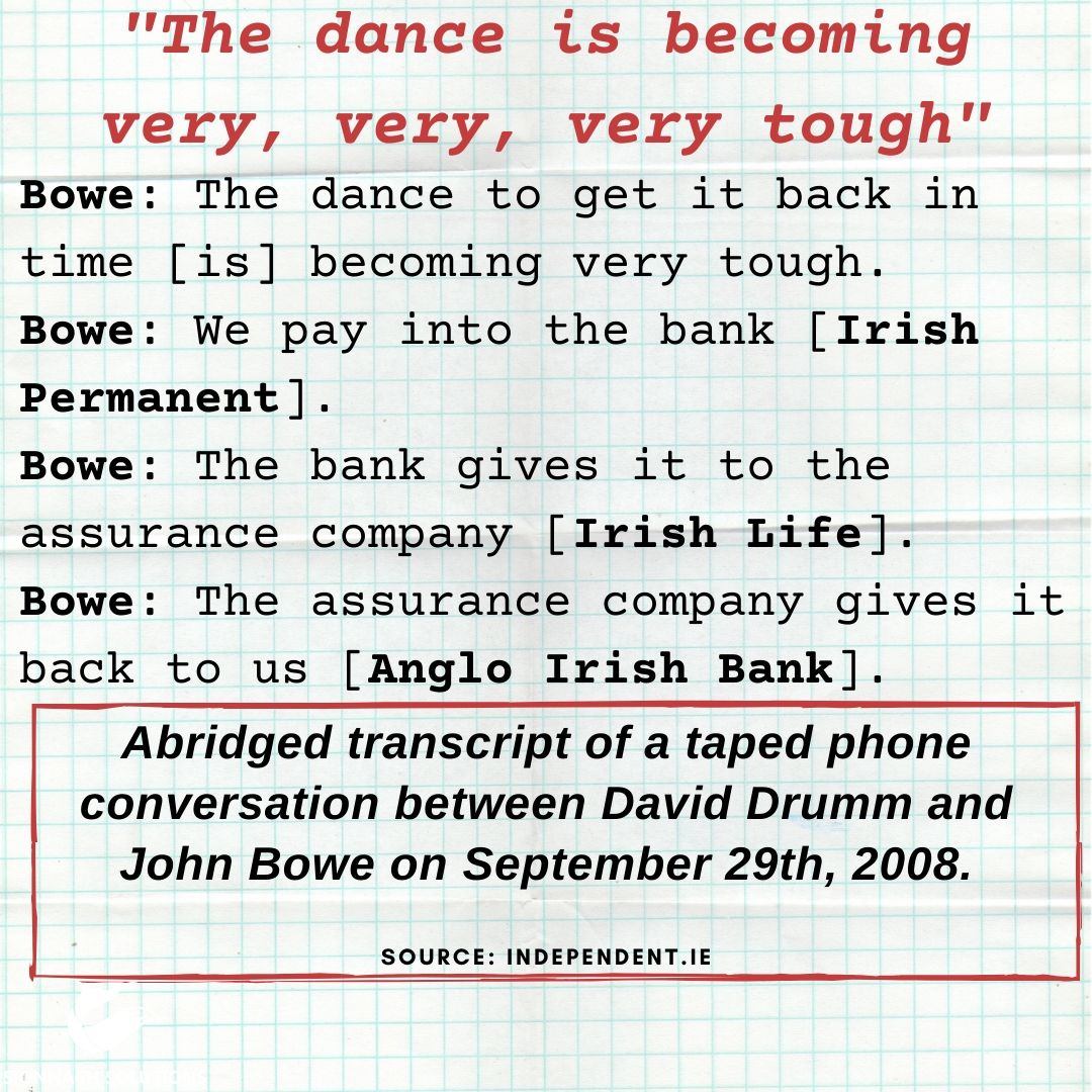 Bowe: The dance to get it back in time [is] becoming very tough. We pay into the bank [Irish Permanent]. The bank gives it to the assurance company [Irish Life]. The assurance company gives it back to us [Anglo Irish Bank]. An abridged transcript of a taped phone conversation between David Drumm and John Bowe on September 29th, 2008.