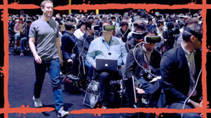Mark Zuckerberg striding smugly alongside a seated oculus blinded audience.