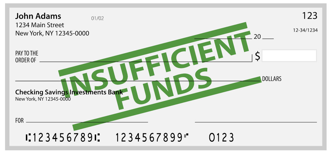 A (blank) cheque stamped insufficient funds.