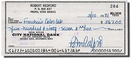 A cheque signed by Robert Redford.