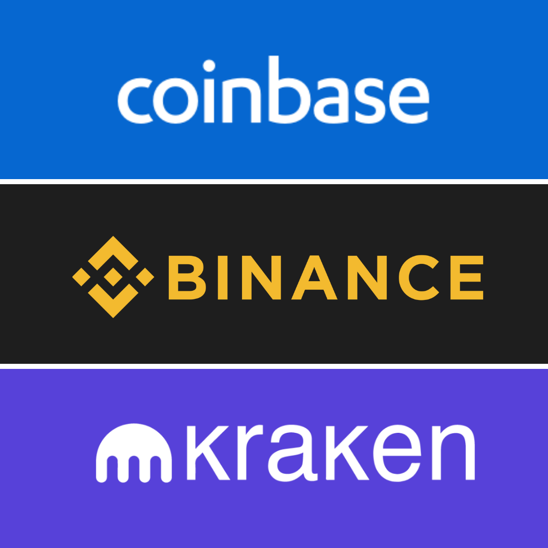 Logos of 3 cryptocurrency exchanges, Coinbase, Binance and Kraken.
