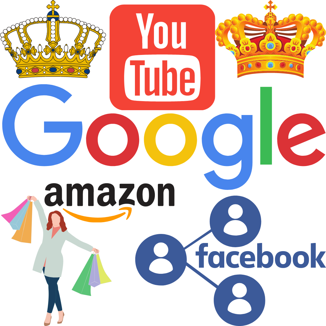 Google's logo crowned with two crowns, with YouTube's logo on between. Underneath are Amazons's logo with a vector of an image shopping, and Facebook's logo surrounded by the share icon.