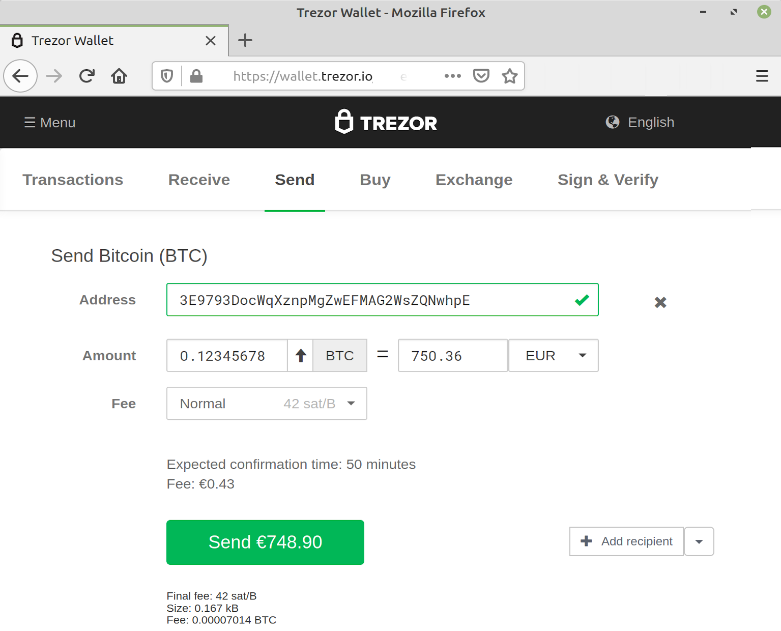 Screenshot of a Bitcoin send transaction in the Trezor hardware wallet web user interface. An amount of 0.12345678 Bitcoin is the amount being sent, equivalent to €750.36. A 'Normal' fee of 42 sat/B is indicated, equivalent to €0.43. An 'Expected confirmation time' of 50 minutes is indicated.