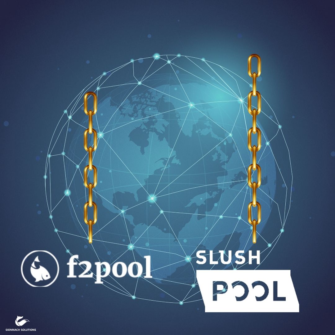 Simply showing logos of f2pool and slushpool each with a chain representing the blockchain. slushpool have a longer chain, thus they have the true copy of the blockchain.