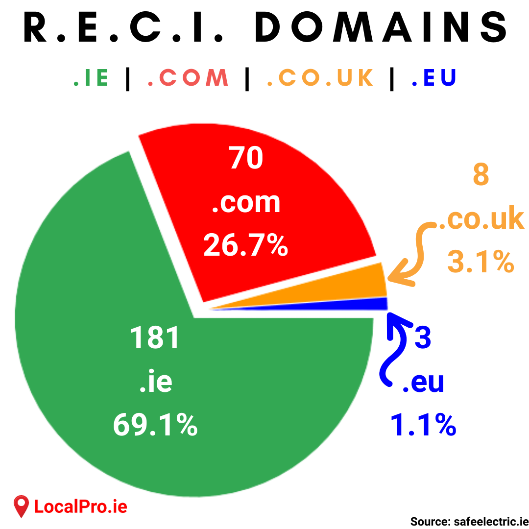A pie-chart showing 181, or 69.1% of RECI websites use the .ie domain. 70 or 26.7% use the .com domain, 8 or 3.1% use .co.uk and 3 or 1.1% use .eu.