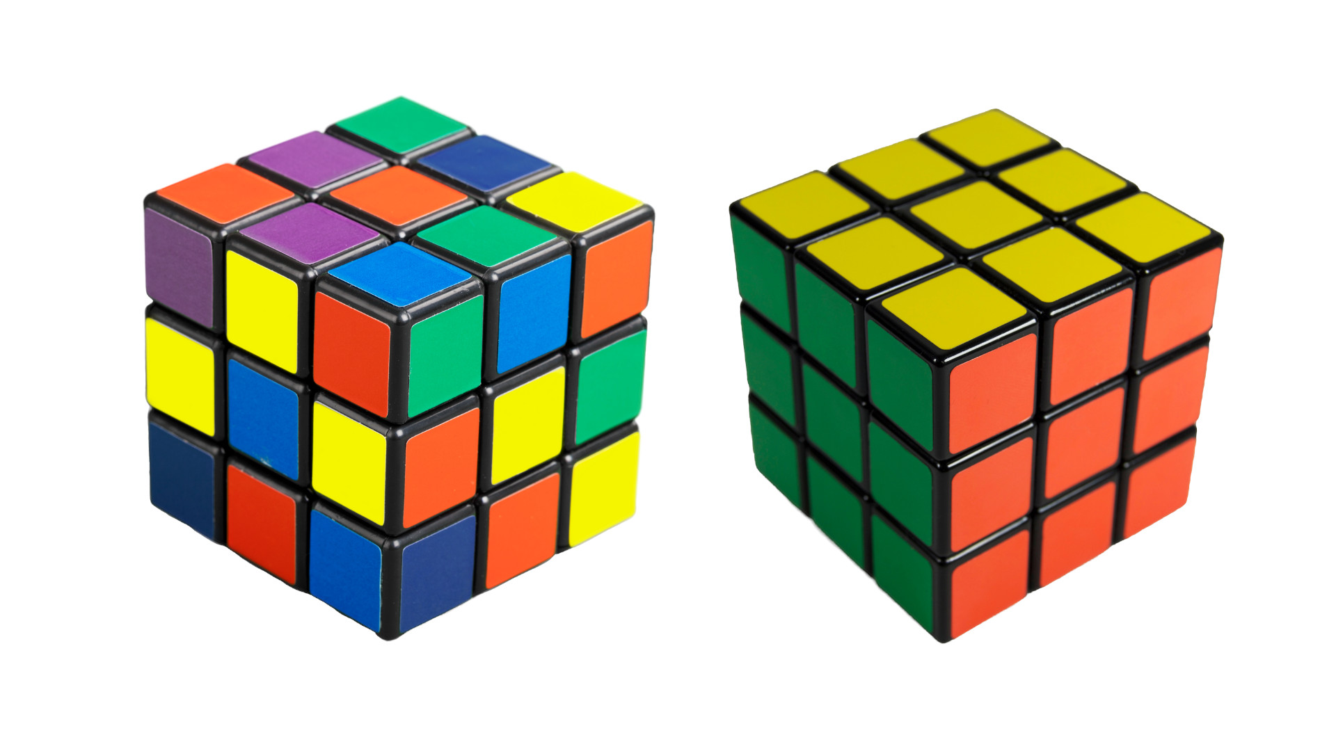 A graphic of an unsolved and a solved Rubik's cube.