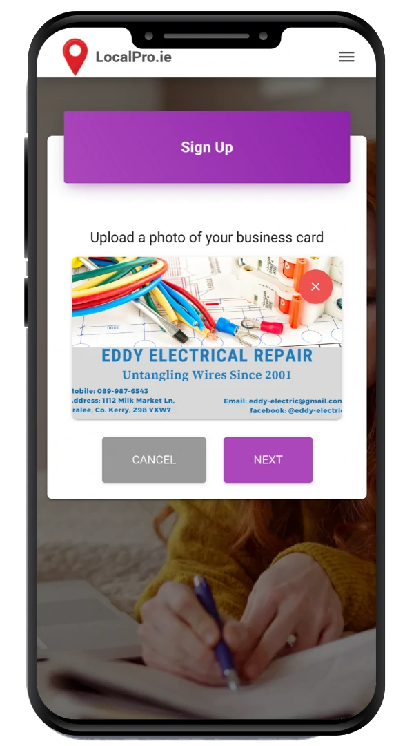 Step 1 - Upload a photo of your business card or simply give your email address.