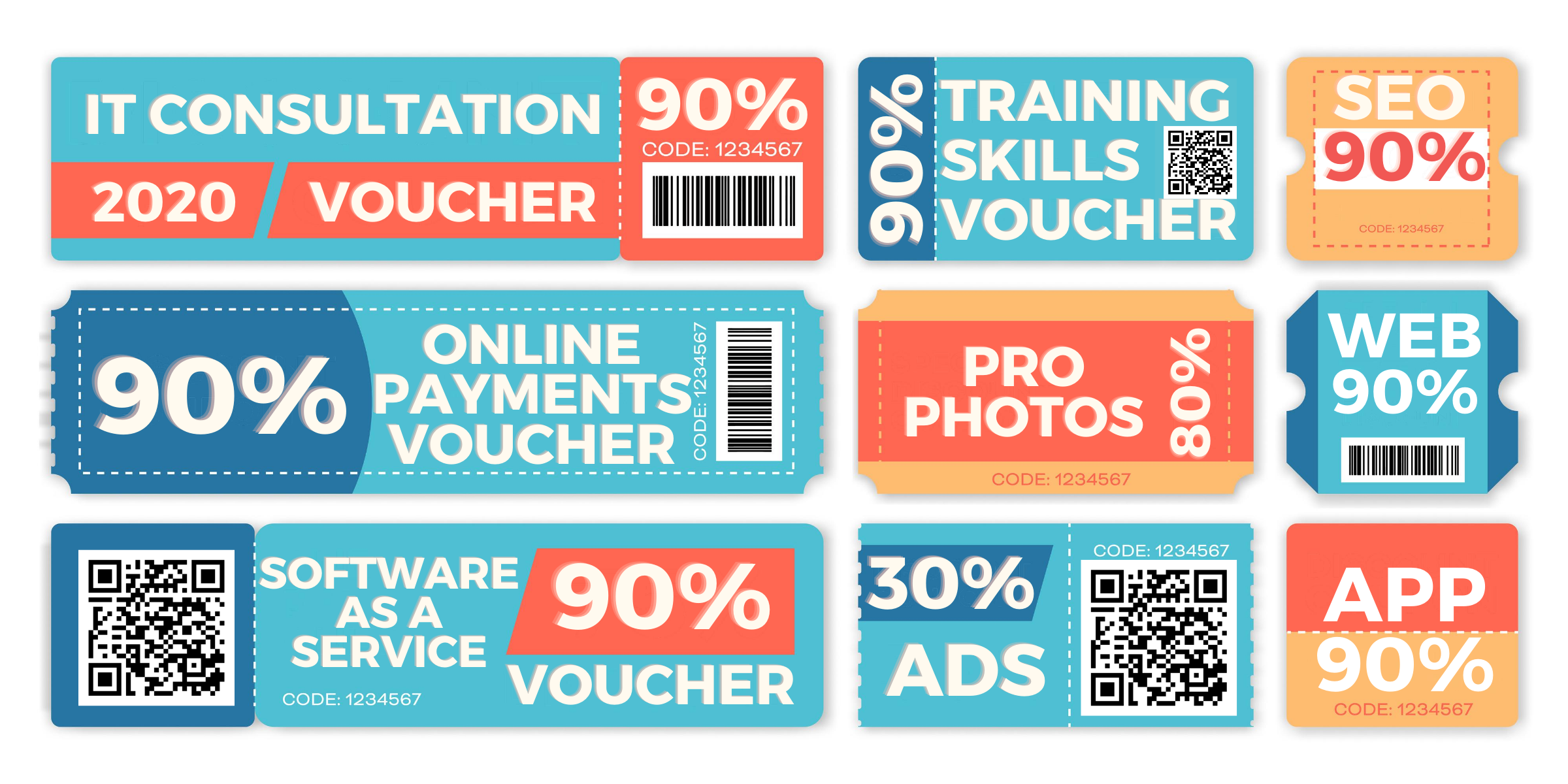 A graphic depicting mock vouchers for the various allowed activities