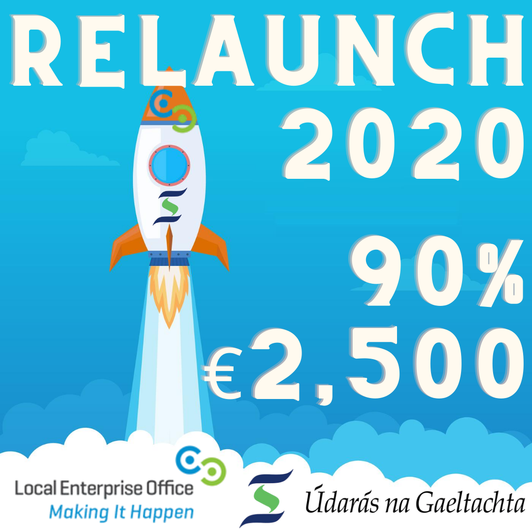 A graphic showing a rocket taking off alongside the text RELAUNCH 2020 90% €2,500